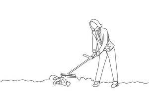Single continuous line drawing businesswoman with metal detector looking for pile of diamonds. Woman treasure hunter with metal detector finding precious stone. Dynamic one line graphic design vector