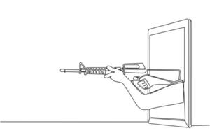 Single one line drawing hand holding M-16 assault rifle through mobile phone. Concept of battle video games, e-sport, entertainment application for smartphones. Continuous line design graphic vector