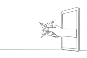 Continuous one line drawing hand holding blade shuriken through mobile phone. Concept of ninja video games, e-sport, entertainment application for smartphones. Single line draw design vector graphic