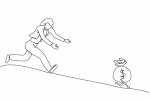 Single continuous line drawing businesswoman chasing money bag dollar run away. Concept of achieving goals and profits, striving for success, running for money. One line draw graphic design vector