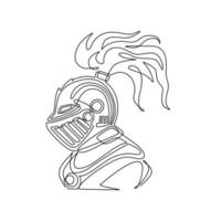 Single one line drawing medieval warrior knight in helmet. Logo, emblem, icon. Medieval warrior knight in armour helmet with visor and plumage, heraldry symbols. Continuous line draw design vector