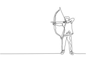 Single one line drawing man with bow and arrow. Male holding bow and arrow aiming to shoot. Archer with bow and arrow isolated. Part of set. Continuous line draw design graphic vector illustration