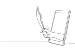 Single continuous line drawing hand hold machete through mobile phone. Concept of mobile games, e-sport, entertainment application for smartphones. One line draw graphic design vector illustration