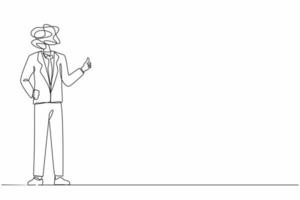 Continuous one line drawing businessman with round scribbles instead of a head. Male manager dressed in formal suit showing thumbs up sign. Deal, like, agree, approve. Single line draw design vector