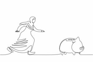 Single one line drawing Arab businesswoman chasing piggy bank. Management financial for personal use. Female manager maintain monetary crisis. Continuous line draw design graphic vector illustration