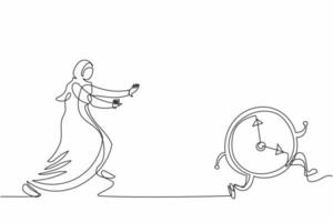 Continuous one line drawing Arab businesswoman run chasing clock time. Female manager being late or in work deadline, business time management, rush hour. Single line draw design vector illustration