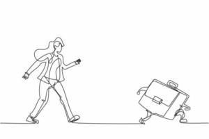 Continuous one line drawing businesswoman run chasing try to catch briefcase. Chasing high performance active mutual fund, buying rising star stock funds. Single line draw design vector illustration
