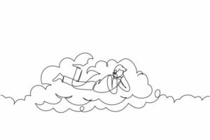 Single continuous line drawing dreamer businessman lay on clouds and dreaming or thinking something about new business. Relaxes man lying on the cloud. One line draw graphic design vector illustration