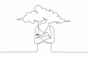 Single one line drawing cloud head Arab businesswoman. Female manager with empty head and cloud instead. Distracted, daydreaming, absent. Modern continuous line draw design graphic vector illustration