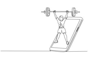 Single one line drawing bodybuilder woman doing exercise with heavy weight bar getting out of smartphone screen. Online weight lifting mobile app. Continuous line design graphic vector illustration