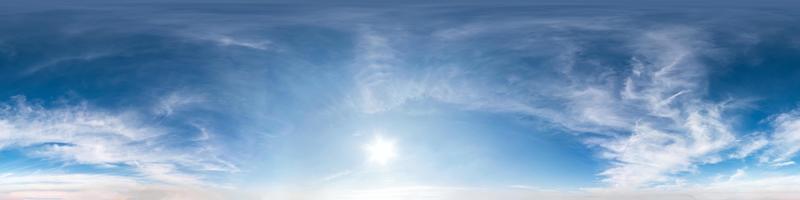 blue sky with beautiful cumulus clouds. Seamless hdri panorama 360 degrees angle view with zenith for use in 3d graphics or game development as sky dome or edit drone shot photo