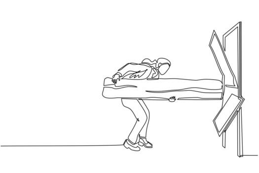 Single one line drawing businesswoman holding large log and destroying door. Overcome challenges, and destroying obstacles with power and brute force. Modern continuous line draw design graphic vector
