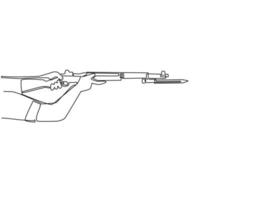 Continuous one line drawing hand holding M1 garand semi-automatic rifle with knife bayonet. British military action rifle with attached bayonet. Single line draw design vector graphic illustration