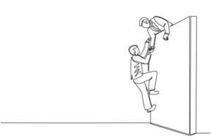 Continuous one line drawing businessman helping another businessman climb wall. Confident successful leading businessman helping another one to get over brick wall. Single line draw design vector