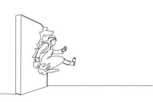 Continuous one line drawing Arabian businessman run and breaking through brick wall. Leadership concept. Business concept of obstacle and solution. Single line draw design vector graphic illustration