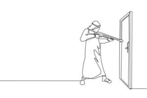 Single one line drawing Arabic businessman pointing shotgun at doorknob. Business breakthrough struggle. The power to succeed. Open closed door. Continuous line draw design graphic vector illustration