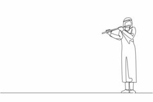 Single continuous line drawing Arab male musician playing flute, standing on stage. Flutist performing classical music on wind instrument. Solo performance of talented flautist. One line design vector