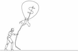 Continuous one line drawing robots holding flying money bag dollar balloon with rope. Humanoid robot cybernetic organism. Future robotics concept. Single line draw design vector graphic illustration