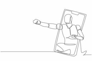 Single one line drawing robot come out from cellular phone with fist punch pose. Future technology development. Artificial intelligence and machine learning process. Continuous line draw design vector