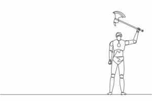 Single continuous line drawing robots standing and lifting up big axe. Modern robotics artificial intelligence technology. Electronic technology industry. One line graphic design vector illustration