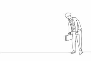 Single one line drawing sad businessman looking down, holding briefcase. Man having mental pressure or stress. Bankruptcy on global economic recession. Continuous line draw design vector illustration