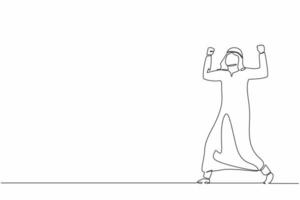 Continuous one line drawing happy Arab businessman standing with raised his clenched hands. Male manager celebrating success of increasing company product sales. Single line draw design vector graphic