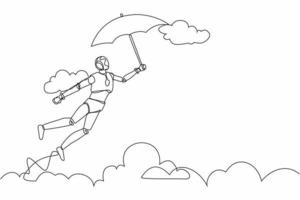 Single continuous line drawing robot flying in the sky with his umbrella. Modern robotic artificial intelligence. Electronic technology industry. Dynamic one line graphic design vector illustration