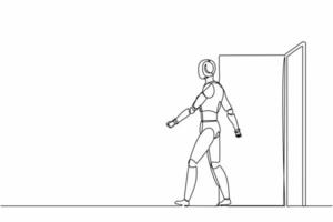 Single continuous line drawing robots walking out and leaving office door. Robotics artificial intelligence technology. Electronic technology industry. One line draw graphic design vector illustration