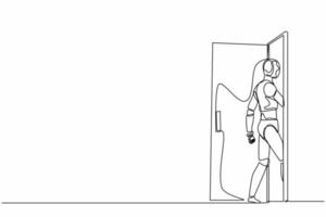 Single continuous line drawing robots walking enters the room through the door. Modern robotics artificial intelligence technology. Electronic technology industry. One line draw graphic design vector