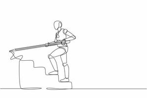 Continuous one line drawing robot use huge pencil to draw rising up stairs. Humanoid robot cybernetic organism. Future robotic development concept. Single line draw design vector graphic illustration