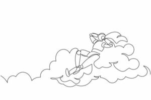 Single one line drawing happy robot relaxing laying on clouds. Future technology development. Artificial intelligence and machine learning processes. Continuous line graphic design vector illustration