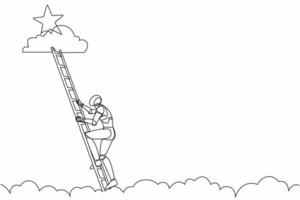 Single continuous line drawing robot climbing ladder to reach out for stars. Modern robotic artificial intelligence. Electronic technology industry. One line draw graphic design vector illustration