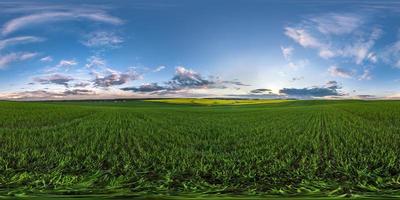 full seamless spherical hdri panorama 360 degrees angle view on among green fields in evening with awesome clouds in equirectangular projection, ready for VR virtual reality content photo
