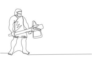 Continuous one line drawing primitive archaic man wearing clothes made of animal skin and holding big stone axe. Early human, caveman, warrior or hunter from stone age. Single line draw design vector