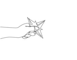 Single one line drawing hand holding blade shuriken throwing weapons. Throwing star, shuriken, ninja weapon solid icon, asian culture concept, blade, knife. Modern continuous line draw design vector
