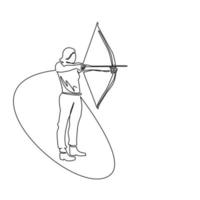 Single continuous line drawing young girl with bow and arrow. Female holding bow and arrow aiming to shoot. Archer with bow and arrow. Part of set. One line draw graphic design vector illustration