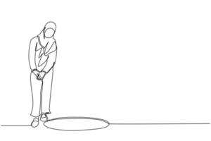 Single continuous line drawing Arabian businesswoman looking at black hole. Woman wondering and looking at hole, business concept in opportunity, exploration or challenge. One line draw design vector