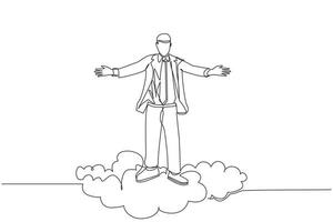 Single one line drawing happy businessman on top of cloud with raised hands. Successful business concept. Financial freedom, happiness, peaceful. Continuous line design graphic vector illustration