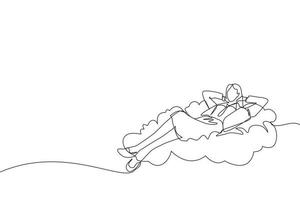 Single one line drawing relaxed and successful happy young businesswoman relaxing laying on clouds. Break, vacation, coffee time and relaxation. Continuous line draw design graphic vector illustration