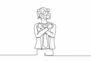 Single one line drawing businessman with round scribbles instead of head. Male manager with fists clenched, arms crossed gesture. Attractive guy with arms crossed. Continuous line draw design vector