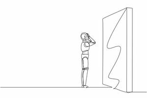 Single one line drawing robot standing and confused in front of huge brick wall barriers. Future technology. Artificial intelligence machine learning. Continuous line draw design vector illustration