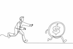 Single one line drawing businessman run chasing try to catch high performance attractive dollar coin. Chasing high performance active mutual fund. Continuous line design graphic vector illustration