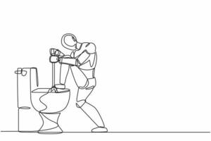 Single continuous line drawing robot fix plumbing toilet leakage or clogging, plumber repair tools. Robotic artificial intelligence. Electronic technology. One line graphic design vector illustration