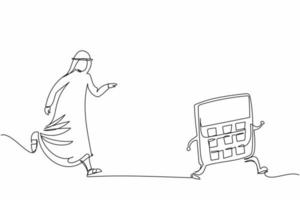 un solo dibujo de una línea hombre de negocios árabe persiguiendo calculadora. concepto de auditoría financiera o servicio contable profesional, cálculo de gastos. ilustración de vector gráfico de diseño de línea continua