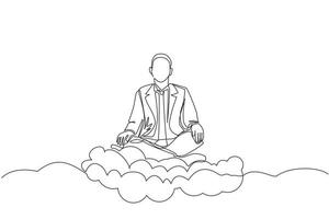 Continuous one line drawing office worker or businessman relaxes and meditates in lotus position on clouds. Cheerful man relaxing with yoga or meditation pose. Single line draw design vector graphic