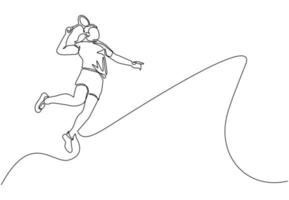 Single continuous line drawing young agile woman badminton player jump and smash shuttlecock. Badminton tournament event. Sport exercise healthy concept. One line draw design vector illustration