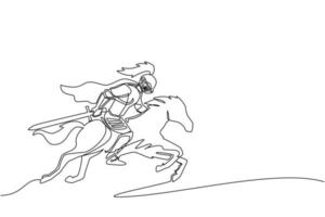 Single one line drawing medieval knight riding horse - horseback soldier with sword and shield. Knight on horseback. Medieval heraldry symbol. Continuous line draw design graphic vector illustration