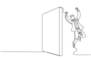 Single continuous line drawing businessman managed to jump over the wall. Man jumps over the wall, outside comfort zone to get new experience, fun and excited. One line draw design vector illustration