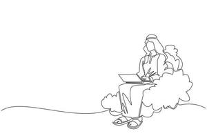 Single continuous line drawing Arab businessman sitting on cloud in sky, working with laptop. Wireless connection. Social networking, chatting using cloud storage. One line draw graphic design vector