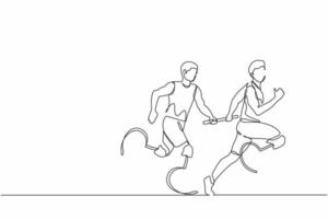 Continuous one line drawing two disable runners with prosthesis leg, disability men, amputee athletes, amputees running in relay race handing over the baton. Single line draw design vector graphic